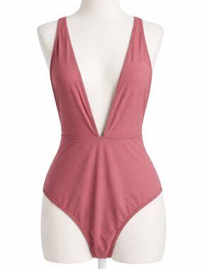 Forever 21 NEW Mauve One Piece Swimsuit Plunge Neck Low Back Stretch Resort L